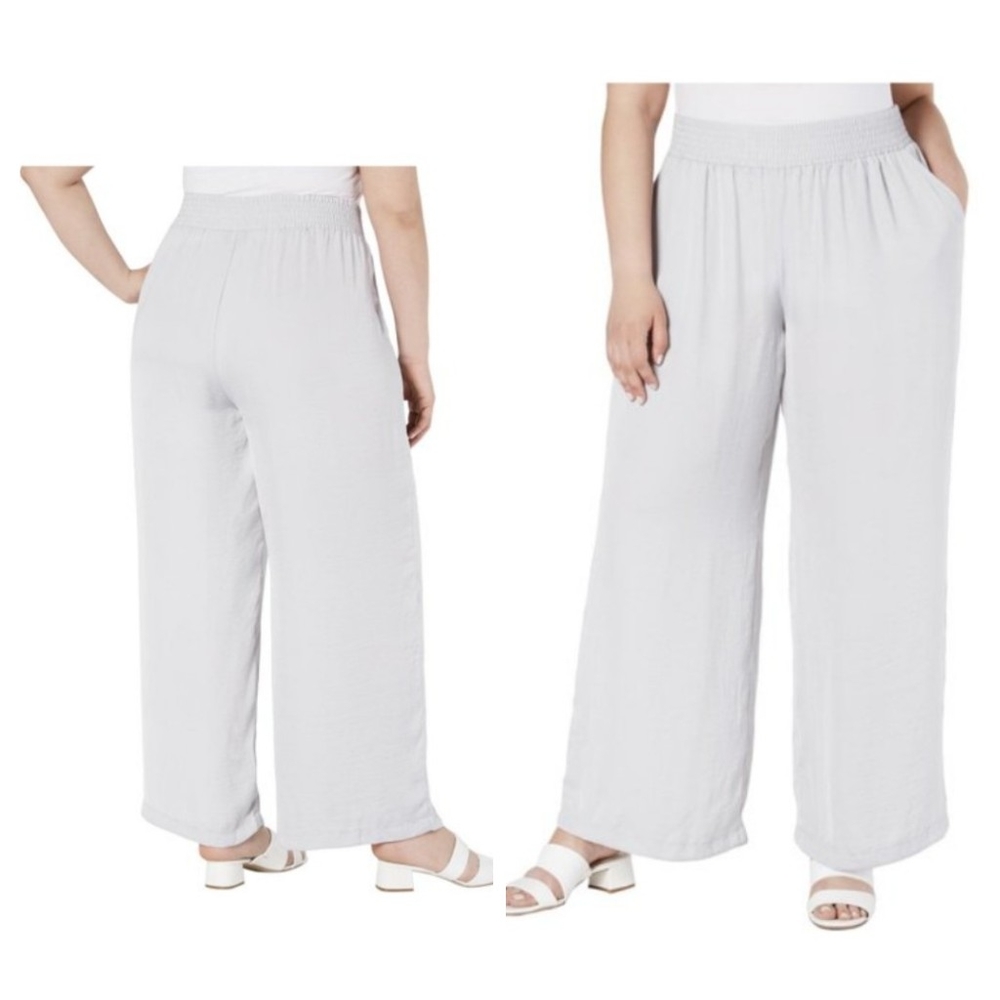 Alfani Women's Silver Satin Elastic Waist Wide Leg Pants Size L Large